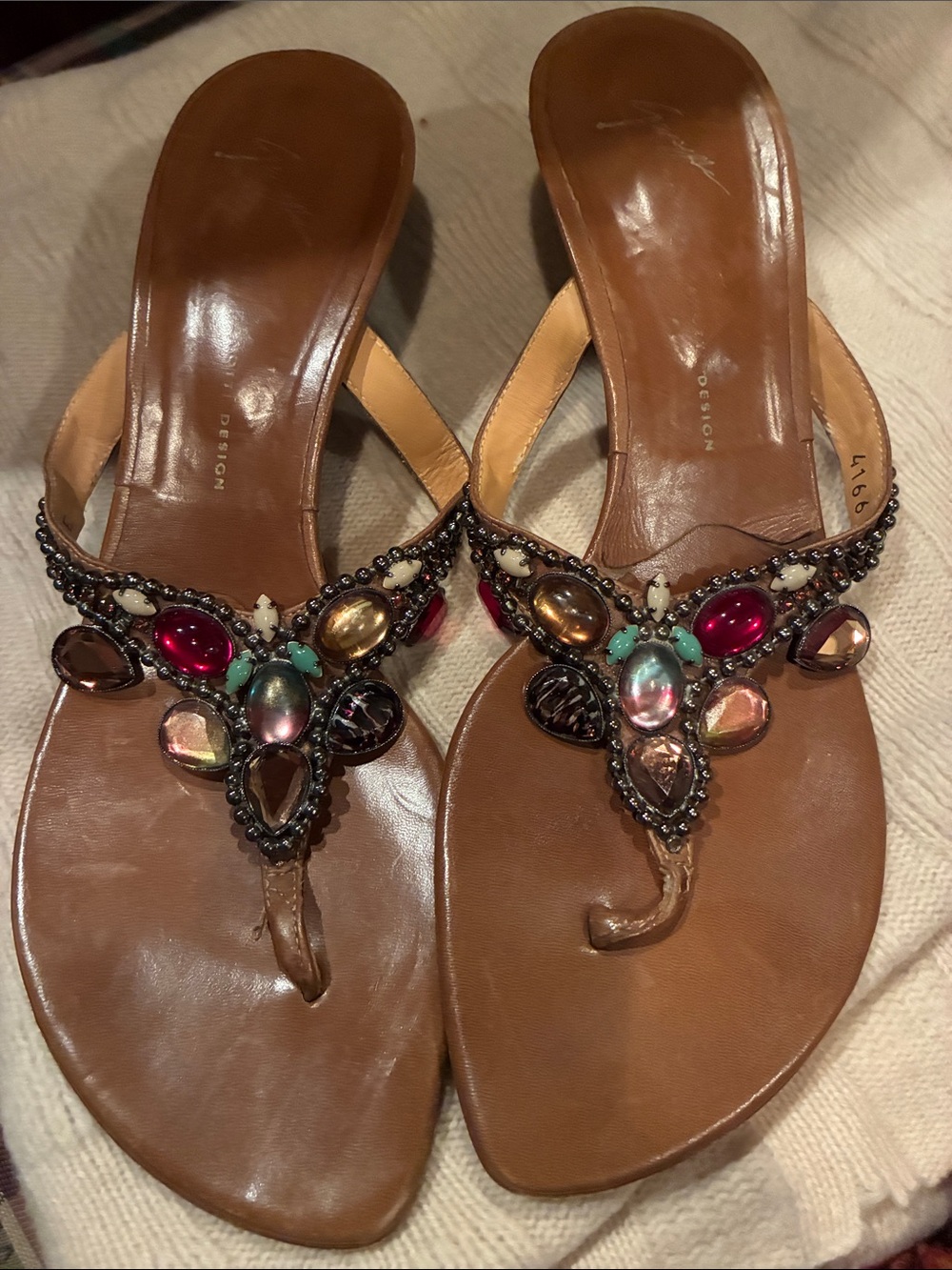 Vero Cuoio Brown Leather T-Strap Sandals with Multicolor Jewel Accents